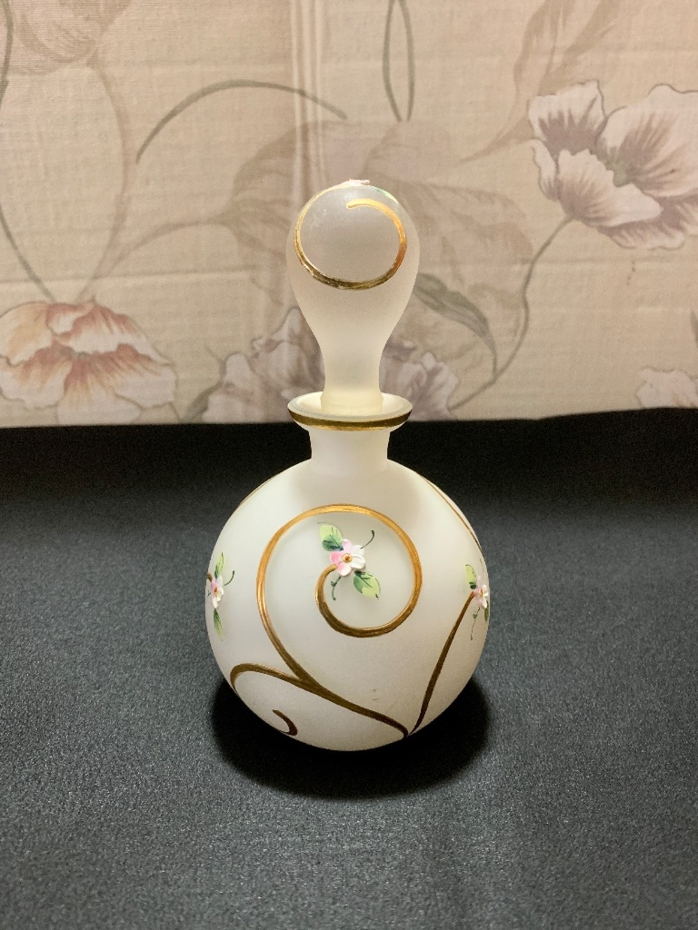 Vintage Irice Frosted Cased Satin Glass Perfume Bottle Gold Swirls, Tiny Flowers